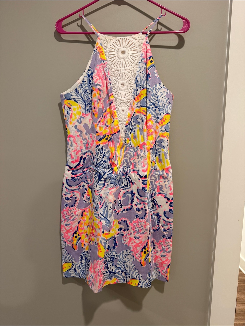 Lilly Pulitzer Pink Yellow Blue Crochet-Front Shift Dress